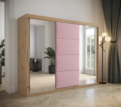 Obrázek produktu pro Šatní skříň s posuvnými dveřmi 250 cm TALIA - dub artisan / růžová