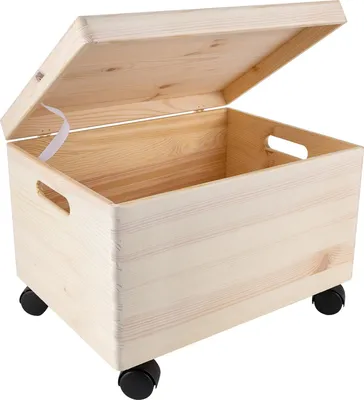 Produktbild von Creative Deco Veľká drevená škatuľa XXL s vekom a kolieskami | 40x30x24 cm (+/-1cm) | Memory Box Detská drevená škatuľa s vekom nelakovaná | Craft Box s držadlami