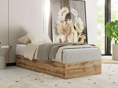 Produktbild von MKS MEBLE Boxspringbett 90x200 WOOD ZERO ohne Kopfteil, mit Bettkasten & Stauraum, 7-Zonen-Taschenfederkernmatratze, modernes Einzelbett in Holzoptik - Hellgrau Strukture - H3 - Topper Visco