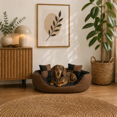 Produktbild von belviona 4-in-1 Hundebett, Hundekörbchen mit Wendekissen, wasserabweisend, tiefer Einstieg & 2 Spielkissen, 65x50 cm, schwarz/braun, KI-generiertes Bild