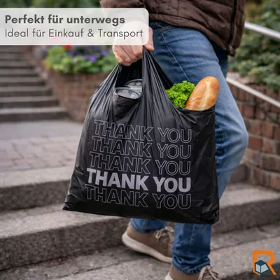 Produktbild von RyanPack Hemdchen-Tragetaschen MDPE 28+14x48 cm Schwarz 15µ – 500 Stück – Tragetasche mit Thank You Aufdruck