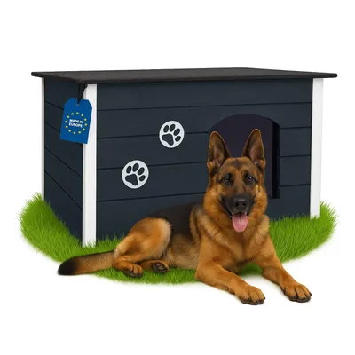 Produktbild von Outentin Hundehütte Outdoor Winterfest für Große Hunde – Isoliertes & Wetterfestes Hundehaus mit Flachdach zum Öffnen –Holz – 105x71x64 cm – Grau