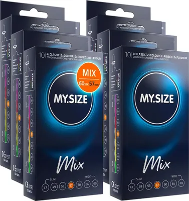 Zdjęcie produktu dla Prezerwatywy My.Size Mix rozmiar 4, 57 mm, opakowanie ekonomiczne, | 60 sztuk | Prezerwatywy w 4 ekscytujących rodzajach, z aromatem, kolorem, wypustkami i klasyczne