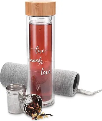 Produktbild von Doppelwandige Glasflasche 450ml mit Filter und Bambusdeckel