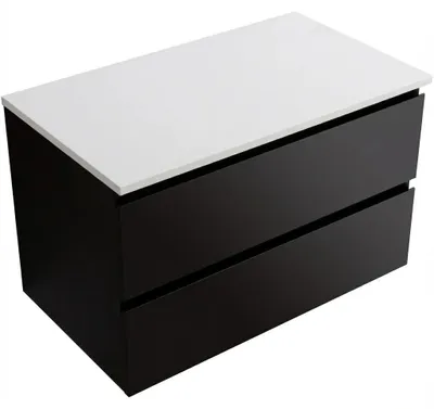 Productafbeelding van Badkamermeubel Carole - mat zwart + wastafelblad van composietsteen Elanys - 12 mm - mat wit - 80x49,2x46 cm