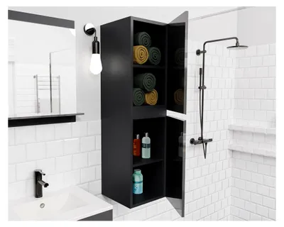 Produktbild von Hängender Badhochschrank | Anthrazit | Hochglanz | 30 x 31,5 x 110 cm – schmaler Badezimmerschrank mit Türen und Regalböden | platzsparender Badschrank | Badmöbel