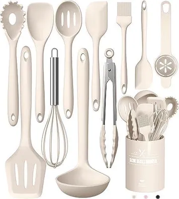 Produktbild von Küchenhelfer Set, 12-teiliges Silikon Kochutensilien Kochbesteck Set, Hitzebeständiger Kochgeschirr mit Utensilienhalter, Antihaft Kochset Küchenutensilien, Spülmaschinenfest - Khaki