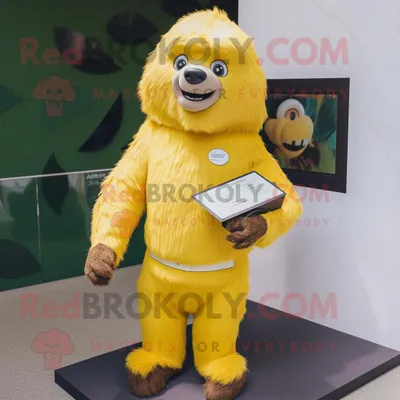 Produktbild von Gelber REDBROKOLY Faultier-Bär Maskottchen Kostüm charakter bekleidet mit Leggings und Anstecknadeln