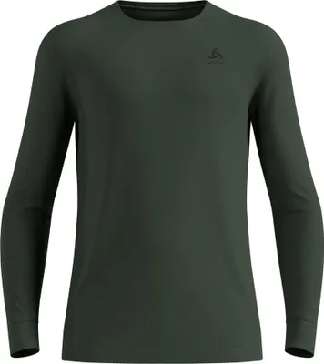 Dunkelgrünes Langarmshirt mit Rundhalsausschnitt und Odlo-Logo auf der Brust