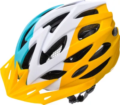Produktbild von Meteor Fahrradhelm MTB Marven I, blau/weiß/gelb, M 55-58 cm, für Herren, Damen & Kinder, aus PVC & EPS, mit FIT SIZE, AIR FLOW, Fliegennetz, Schnellverschluss, herausnehmbarer Polsterung, aerodynamischem Design und Reflektoren, ca. 253-273 g