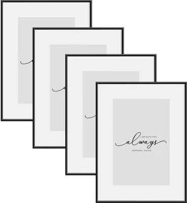 A set of four black metal picture frames arranged in a staggered diagonal pattern against a white background.