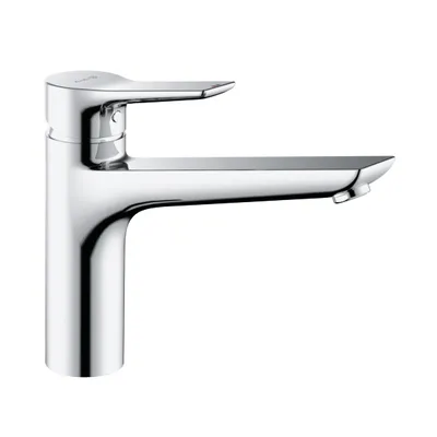 A studio shot of a chrome faucet against a white background.