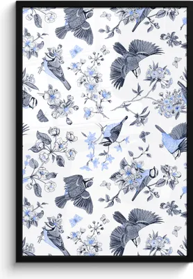 Produktbild von MuchoWow® MuchoWow® Gerahmtes Poster Blumen - Vogel - Blau 60x90 cm - Poster mit zchwarzem Bilderrahmen - Kunst