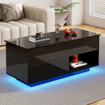 Produktbild von okwish Hochglanz-Lift-Teetisch Rechteckig, LED-Hochglanz Couchtische für Schlafzimmer, Wohnzimmertische mit Stauraum fürs Wohnzimmer, Wohnzimmertisch, 100x50x55-70.5 cm, Schwarz