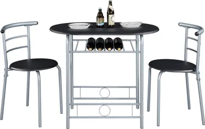 A black and silver dining set for two, consisting of a round table and two chairs, is displayed against a white background.