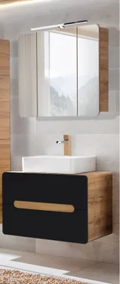 Immagine prodotto di Set lavabo per mobili da bagno con lavabo in Vetroceramica NEW-LUTON antracite satinato con repro in rovere Wotan, L/A/D circa 80/200/46 cm