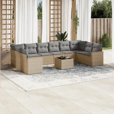 Produktbild von Design 11-tlg. Garten-Sofagarnitur mit Kissen Beige Poly Rattan, Gartensofas 2024 Neu