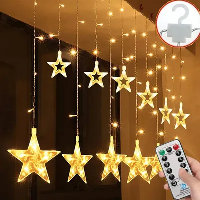 Zdjęcie produktu dla Salcar 2 * 1m 108 lampek choinkowych LED z 12 gwiazdkami Wewnętrzne zewnętrzne lampki choinkowe 8 trybów światła Ciepła biała dekoracja świąteczna