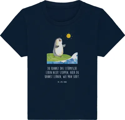 Produktbild von Mr. & Mrs. Panda Babyshirt Pinguin Surfer 6. - 12. Monat - French Navy - Geschenk, Kinder Top, Baumwolle Baby Shirt, Motiviert, T-Shirt, Hawaii, , Portugal, Surfen