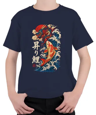 Produktbild von Japan Drache Karpfen Nobori Koi Welle Sonne Tattoo Y2K Irezumi Kinder T-Shirt, Navy, 104