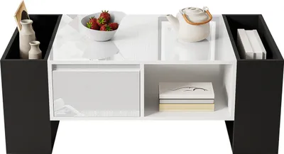 Produktbild von Moderner Couchtisch 105 x 60 x 40,5 cm – Schwarz-Weiß-Design mit hochglänzender Oberfläche, Schublade und 4 offenen Fächern