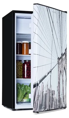 Produktbild von Klarstein CoolArt Kühl-Gefrier-Kombination - Kühlschrank mit 2 Kühl-Ebenen, Design-Front, Thermostat mit 5 Stufen, 0 bis 10 °C, Fassungsvermögen: 79 Liter, Motiv: Großstadt