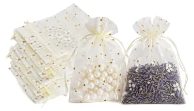 Produktbild von Organzasäckchen mit Gänseblümchen-Motiv - Beutel mit Kordelzug - Weiß
