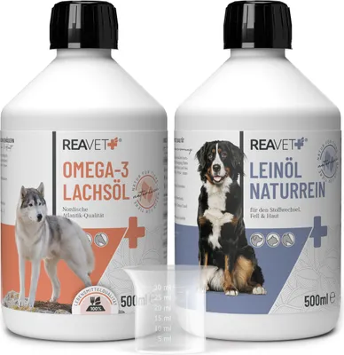 Produktbild von REAVET Futteröl Hunde, 2 Sorten x 500 ml, Barföl Hund, Futteröl Hund, Hochwertiges Barföl Hunde, Öl Hund, Barf Zusatz Hund, Lachsöl natürlich artgerecht