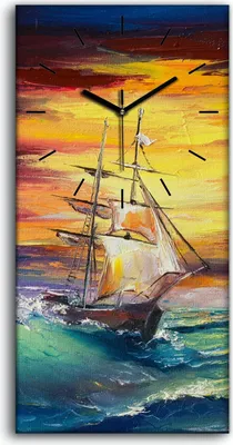 Produktbild von Küchenuhr Bürouhr Leinwand Uhr Quarz 30x60 Wellen Meer Segel Schiff Himmel bunte - schwarze Hände