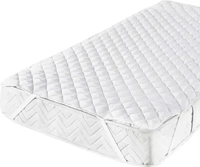 A white quilted mattress protector is shown on a mattress.