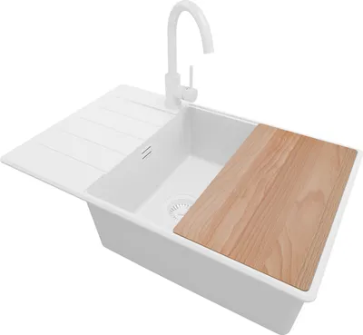 Produktbild von PRIMAGRAN Granitspüle Alles Weiß 78x50cm, Spülbecken 1 Becken + Ablauf-Set + Küchenzubehörset, Küchenspüle ab 60er Unterschrank - Kopenhagen