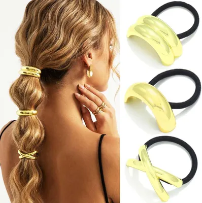Produktbild von Goldene Metall-Haargummis für Pferdeschwänze, geometrische elastische Haarmanschetten und Haar-Accessoires für Frauen (Gold)