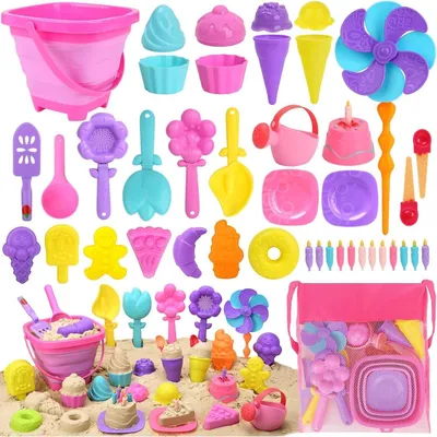 Produktbild von 46 Stück Sandkasten Spielzeug Eis Mädchen und Junge Strandspielzeug Set inkl. 4 Sandschaufel, Eimer, Sandformen, Netzbeutel - Perfekt für den Strand