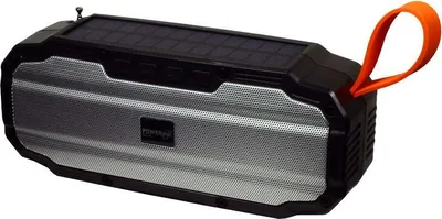 A solar-powered Bluetooth speaker with an orange carrying loop.