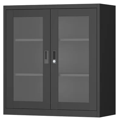 Produktbild von Metallschrank verglast abschließbar Vitrine gehärtetes Glas 90 cm Schwarz