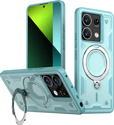 Produktbild von Dual Layer Hülle für Xiaomi Redmi Note 13 5G Metall Ring Ständer Magnetisch Stoßfest Militär Handyhülle Türkis