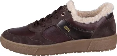 A side view of a brown leather and suede sneaker with a faux fur lining.
