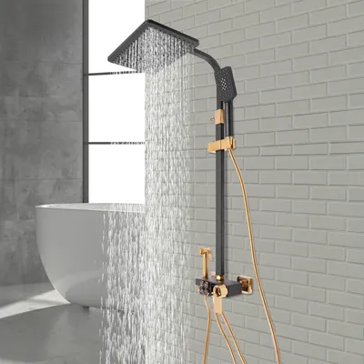 Produktbild von Tastensteuerung Duschsystem mit Thermostat Armatur Regendusche schwarz+gold