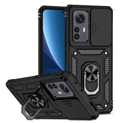 Immagine prodotto di Custodia per Xiaomi 12 Pro a doppio strato con copertura scorrevole della fotocamera e supporto ad anello nero