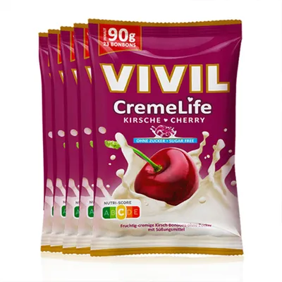Produktbild von VIVIL Creme Life Kirsche Sahnebonbons ohne Zucker | 5 Beutel x 90g