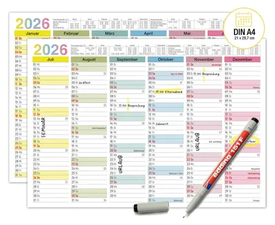 Produktbild von Abwischbarer Wandkalender 2026 A4 - "Bunt" Jahresplaner 2026 abwischbar, inkl. Stift. Tafelkalender 2026, Robuster Kalender A4