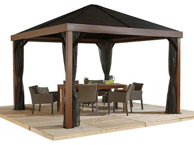 Produktbild von Sojag Aluminium Pavillon Valencia 1212 inkl. Moskitonetz Holzoptik Braun 363x363x310 cm
