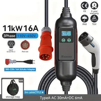 Immagine prodotto di Caricabatterie per auto elettriche - Caricatore per veicoli elettrici - Caricatore domestico portatile - Cavo di ricarica - Stazione di ricarica - 11 kW, trifase