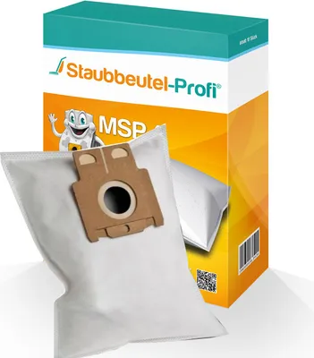 A vacuum cleaner bag and its packaging are shown against a white background.