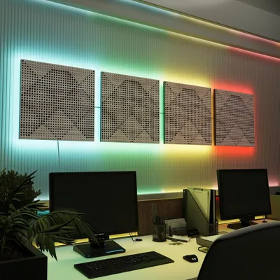 Zdjęcie produktu dla Zestaw 4 paneli akustycznych LED z podświetleniem RGB do systemu Echo Control | Panele dźwiękochłonne z podświetleniem | 4x WILDS -Separately-LINE | Sonoma