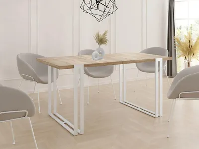 Obrázok produktu pre Rozťahovací jedálenský stôl - Veľký stôl v loftovom štýle s bielymi kovovými nohami 160 až 260 cm - Priemyselný stôl do obývačky - Spacesaver - dub sonoma - 160 x 90 cm