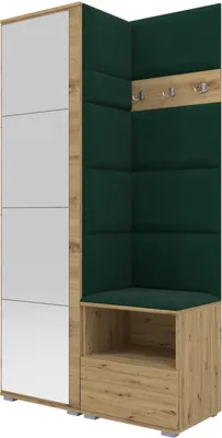 Produktbild von Garderoben-Set Nela I mit Spiegel, Polstergarderobe mit Schuhschrank, Dielenmöbel-Set mit Hochschrank (Farbe: Artisan Eiche + Trinity 28 (Flaschengrün))