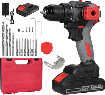 Produktbild von Wiederaufladbares Bohrerset, 21 V, elektrische Bohrmaschine mit Akku und Ladegeraet, Drehmoment 55 N.M, 2 Bohrschrauber-Bits mit variabler Geschwindigkeit, Set mit LED, elektrisches Bohrerset