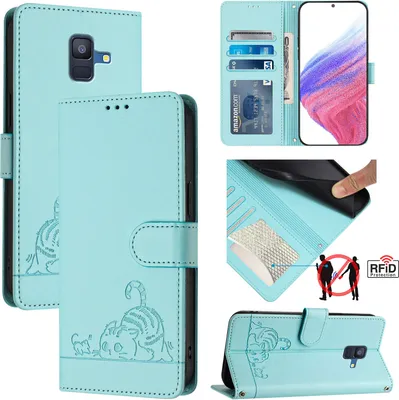 Produktbild von Leder Hülle für Samsung Galaxy A6 2018 Süße Katze Flip Case Brieftasche Schutzhülle mit Standfunktion hellgrün