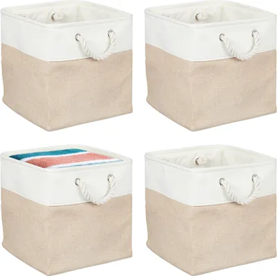 Produktbild von Relaxdays Aufbewahrungskorb, 4er Set, Leinen, mit Seilgriffen, Kleidung, Spielzeug, 30x30x30 cm, Regalkorb, beige/weiß